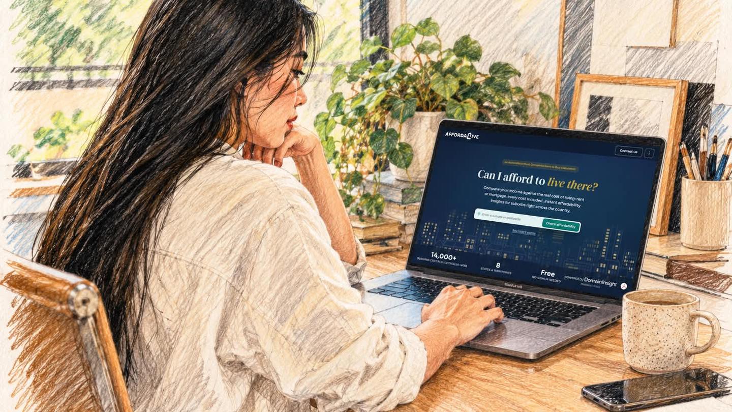 Coloured-pencil illustration of Mary at a timber desk, chin in hand, looking at the AffordaLive calculator on her laptop.
