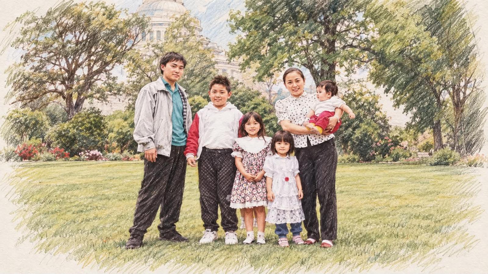 Coloured-pencil illustration of Mary as a young girl, centre, with her parents and siblings on the lawn at Carlton Gardens in Melbourne, the dome of the Royal Exhibition Building behind them.