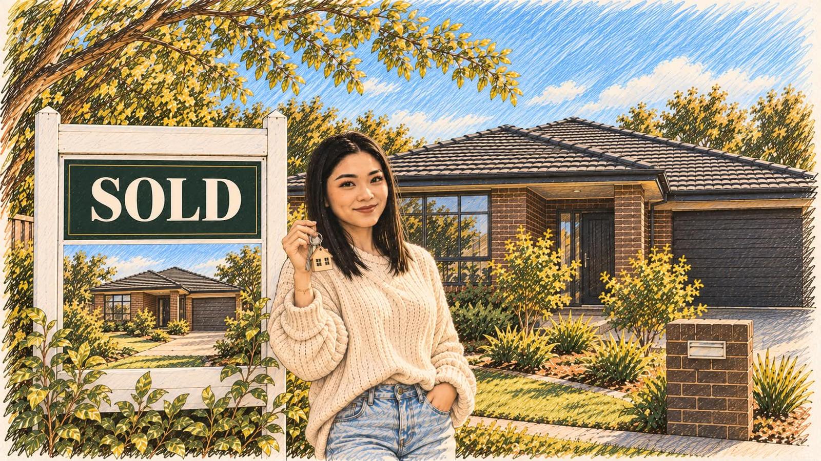 Coloured-pencil illustration of Mary holding up a set of house keys beside a SOLD sign, in front of a single-storey brick house.